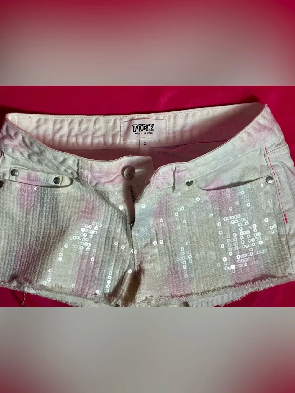 PINK Victoria's Secret White and Pink Sequin Tie-Dye Denim Shorts